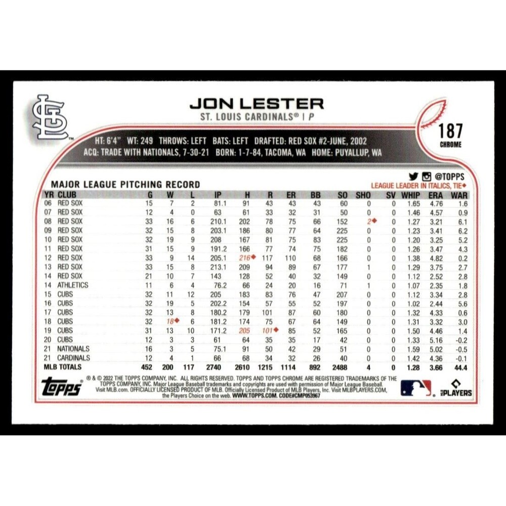 2022 Topps Chrome Jon Lester St. Louis Cardinals #187 - Picture 2 of 2